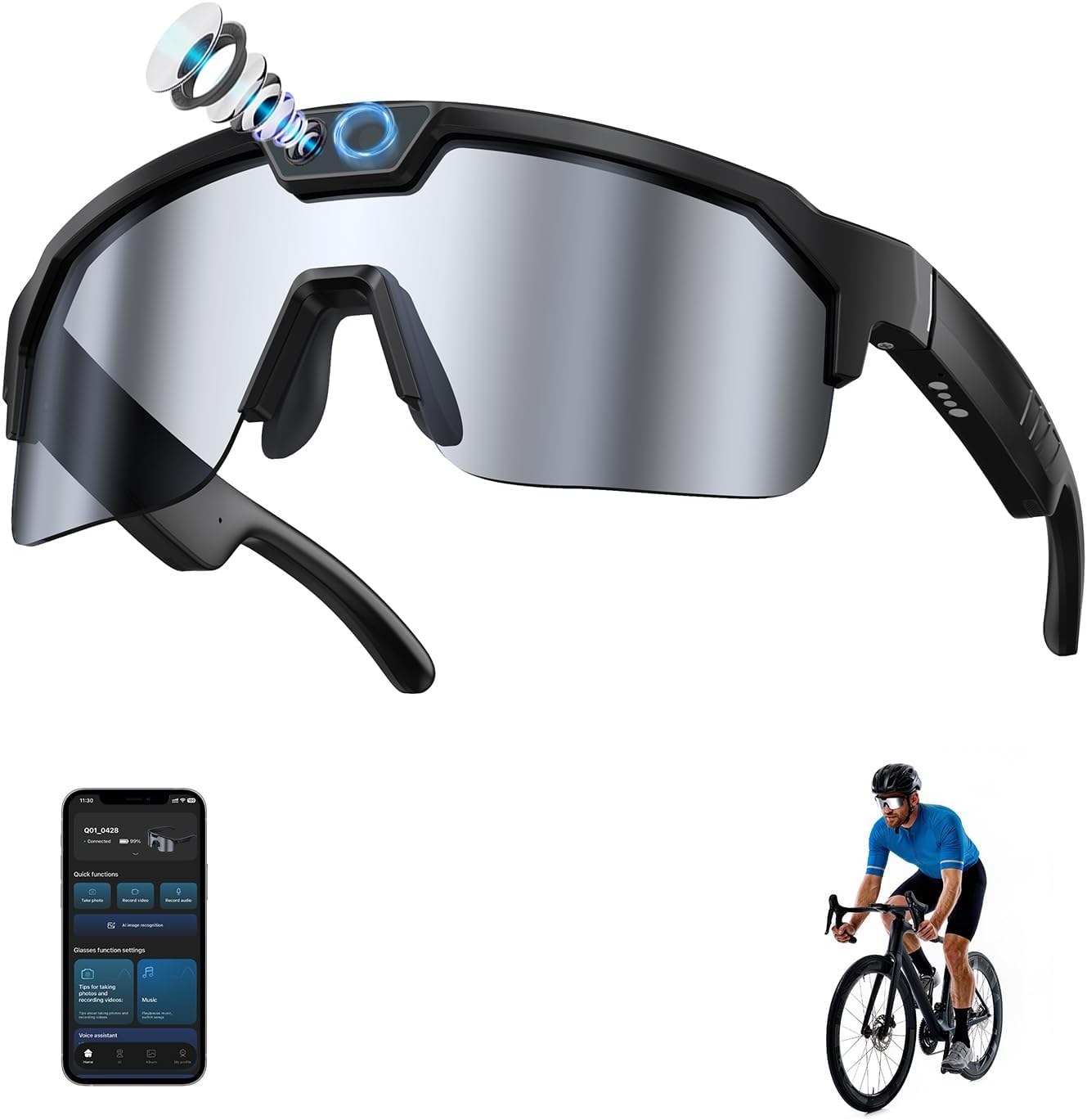 GenXenon AI Smart Glasses with Camera, 4K Video Recording Sunglasses with Camera, UV400 Polarized, Voice Assistant & 6-Axis EIS Stabilization, Unisex Bluetooth Glasses for Cycling/Hiking/Baseball -S