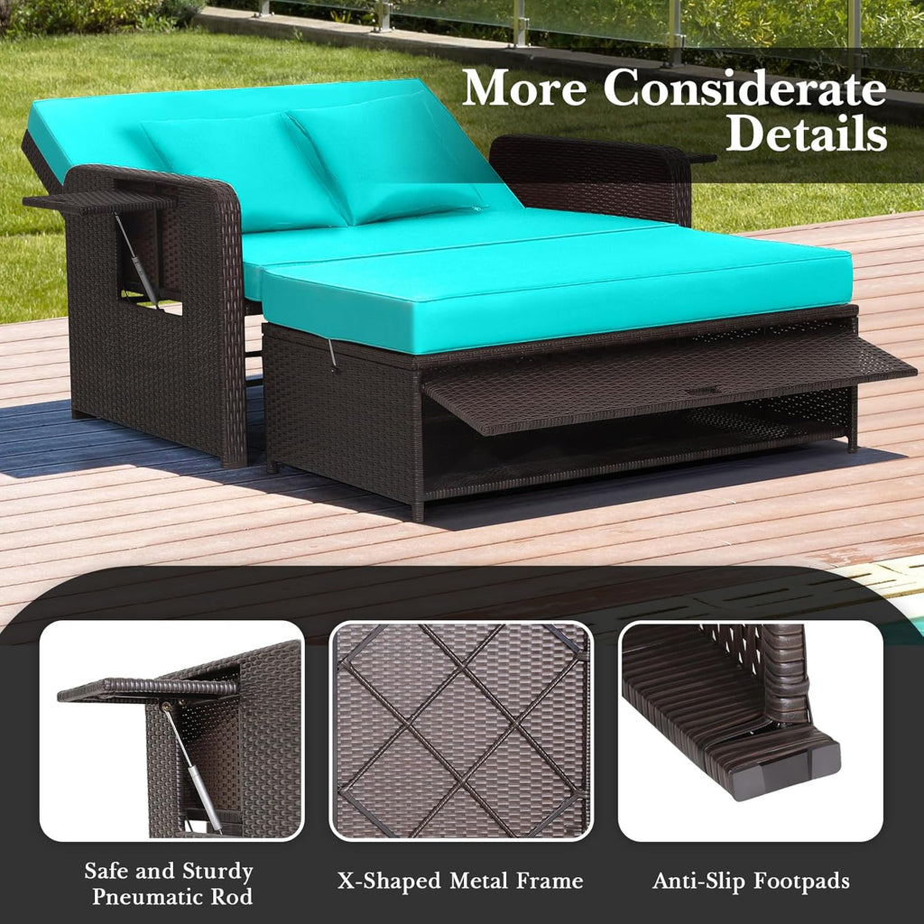 Nightcore Wicker Patio Outdoor Daybed, Outdoor Chaise Lounger w/ 4-Level Adjustable Backrest, Retractable Side Trays, Storage Ottoman, Comfortable & Removable Cushions, Rattan Loveseat (Turquoise)