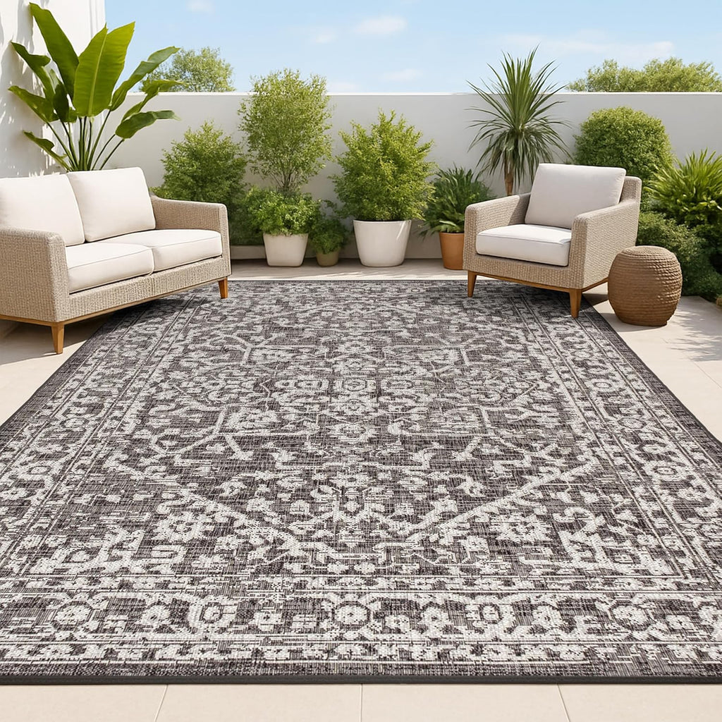 JONATHAN Y Boho Medallion Indoor Outdoor Area Rug 8X10 Black/Gray, Malta Textured Weave for Backyard, Patio, Porch, Easy-Cleaning, High Traffic, Pet-Friendly, Non-Shedding (SMB104C-8)
