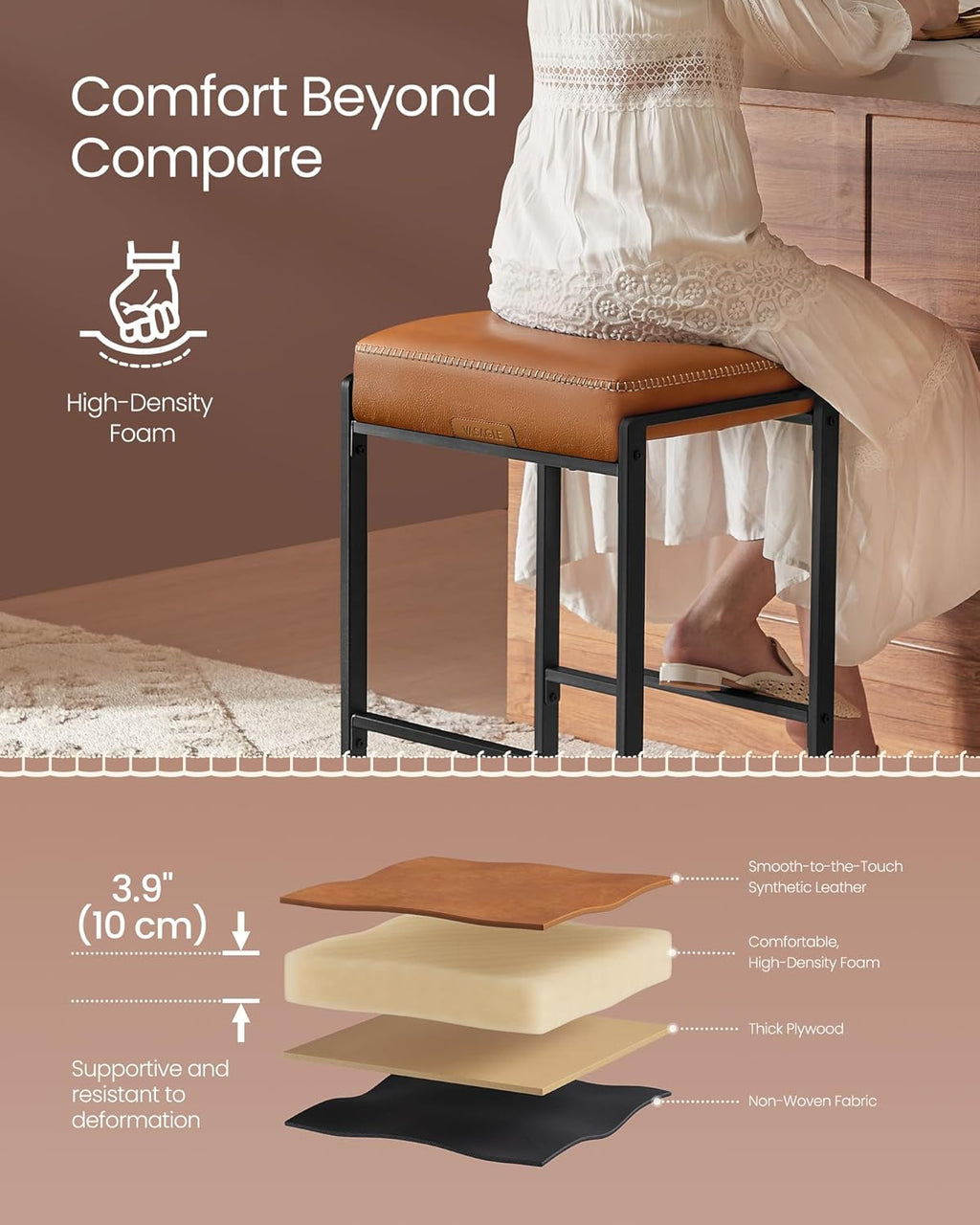 VASAGLE EKHO Collection - Bar Stools Set of 4, Counter Height Bar Stools, Synthetic Leather with Stitching, Mid-Century Modern Counter Stools, 26-Inch Tall, Kichen Home Bar Dining Room, Caramel Brown