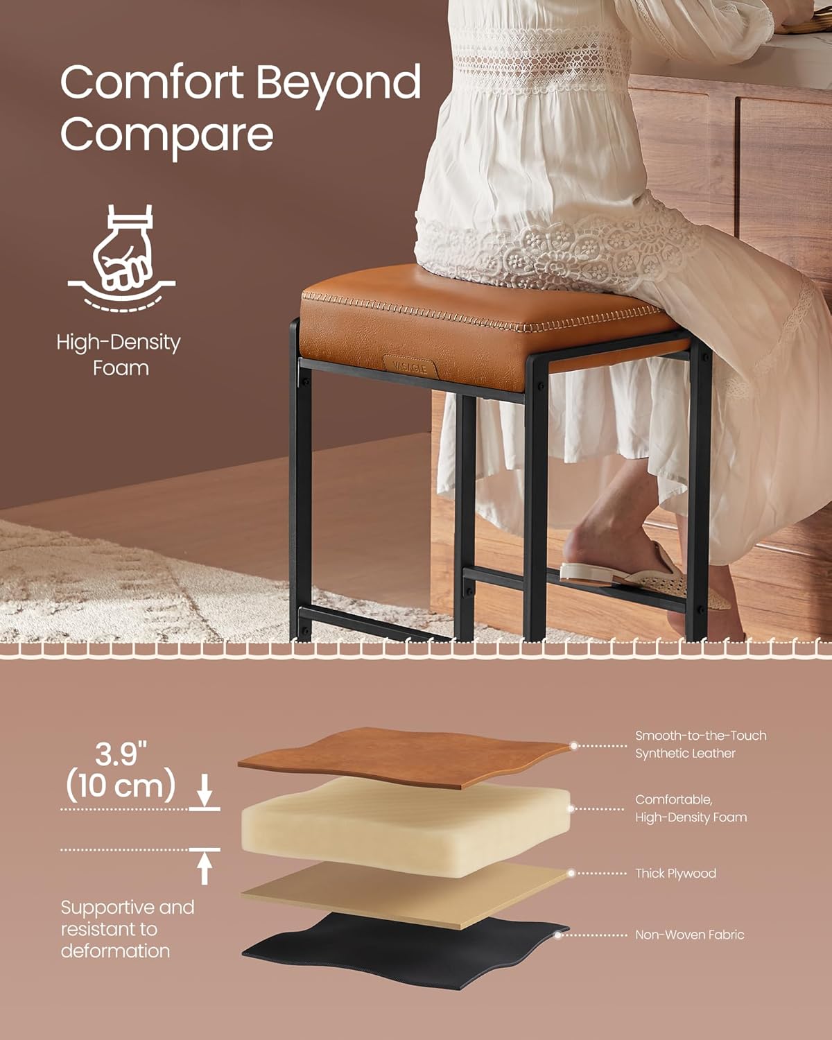 VASAGLE EKHO Collection - Bar Stools Set of 4, Counter Height Bar Stools, Synthetic Leather with Stitching, Mid-Century Modern Counter Stools, 26-Inch Tall, Kichen Home Bar Dining Room, Caramel Brown