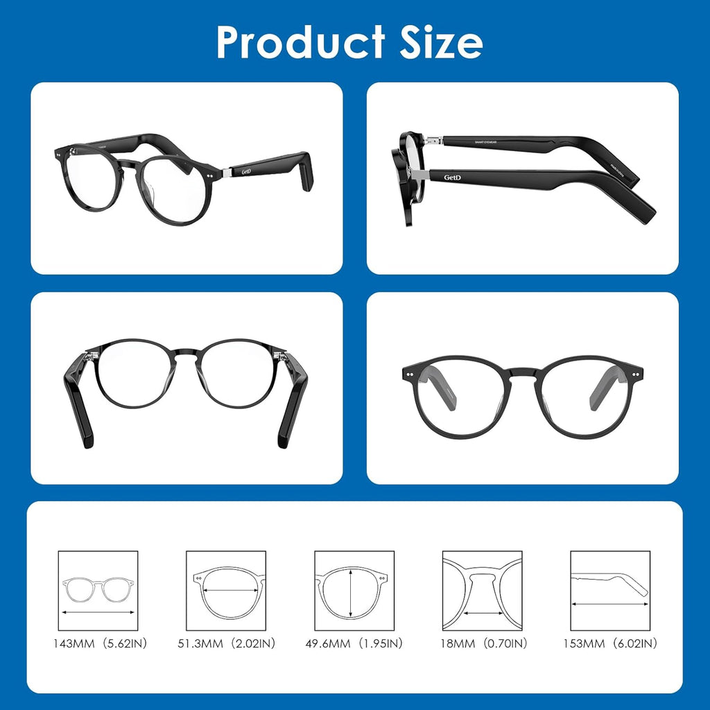 GetD AI Glasses for Men & Women, Smart Glasses Powered by ChatGPT, AI Real-time Translation with 145 Languages, 11H Music Play, Bluetooth Glasses with Anti-Blue Light Lens for Daily Use, Travel