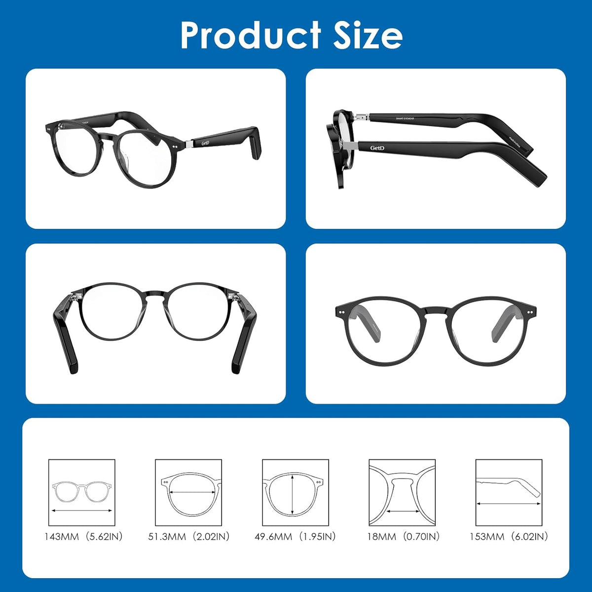 GetD AI Glasses for Men & Women, Smart Glasses Powered by ChatGPT, AI Real-time Translation with 145 Languages, 11H Music Play, Bluetooth Glasses with Anti-Blue Light Lens for Daily Use, Travel
