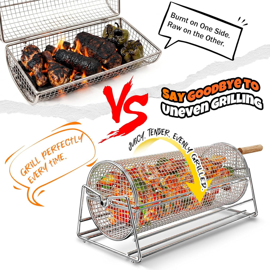 2-in-1 Rotatable Rolling Grill Basket, 304 Stainless Steel, with Removable Wooden Dual Handles & Rotating Stand, BBQ Accessories Tools for Vegetables Shrimp, Gifts for Birthday/Men/Dad/Husband