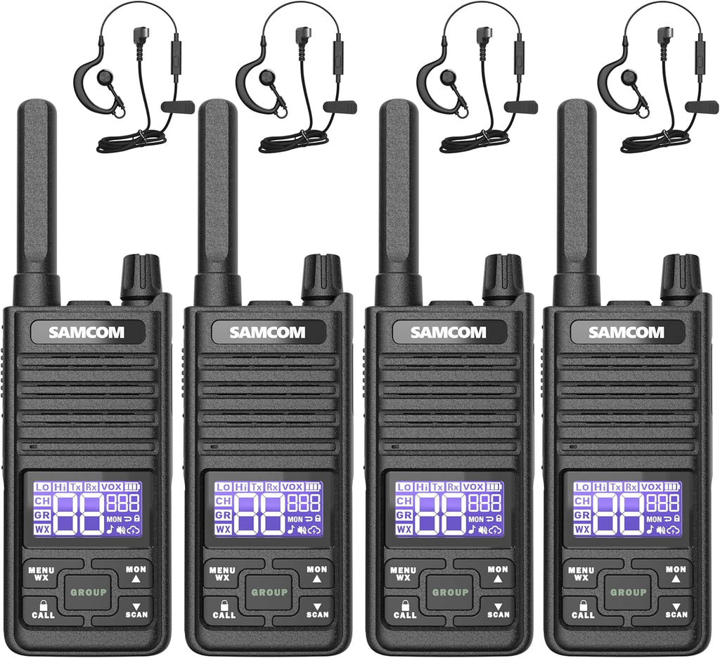 SAMCOM T2 GMRS Radio 2W Long Range Walkie Talkie NOAA Weather Rechargeable Heavy Duty Two Way Radio,Group Call Radios Walkie-talkies with Earpiece, USB-C Charger, Flashlight,4 Packs
