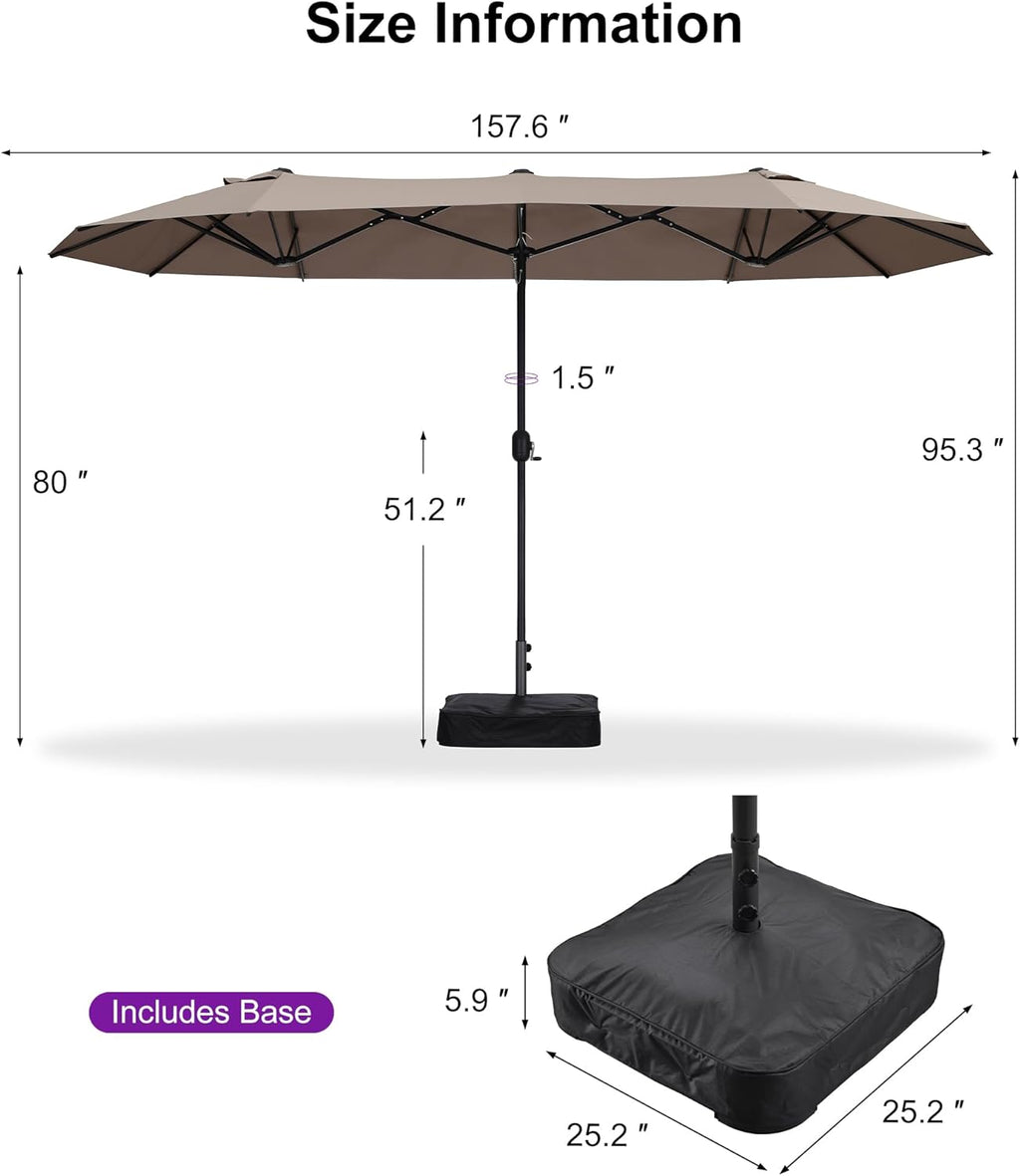 PURPLE LEAF 13ft Patio Market Umbrella with Base Double-Sided Rectangle Outdoor Table Sun Umbrellas with Crank 12 Heavy Duty Sturdy Ribs for Pool Beach Deck Backyard Taupe
