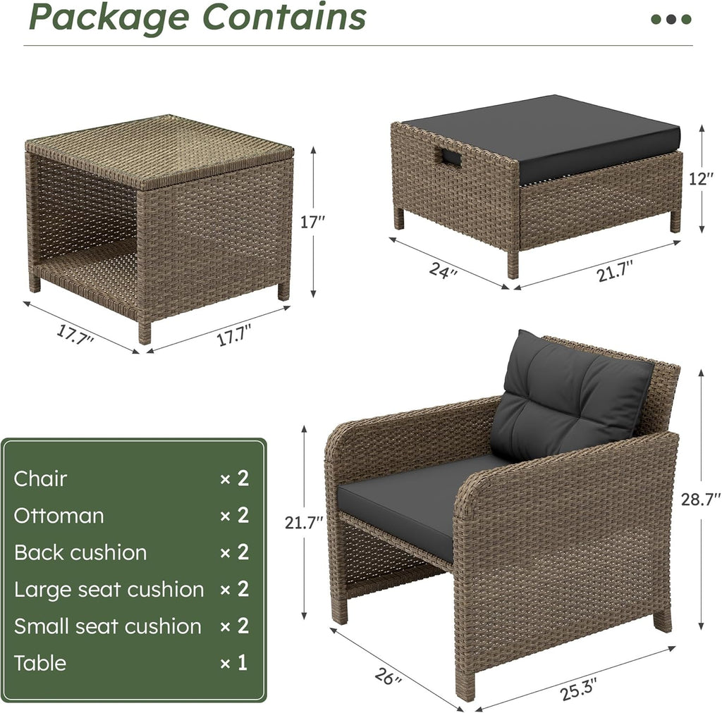 LHBcraft Balcony Furniture 5 Piece Patio Conversation Set, PE Wicker Rattan Outdoor Lounge Chairs with Soft Cushions 2 Ottoman-Glass Table for Porch