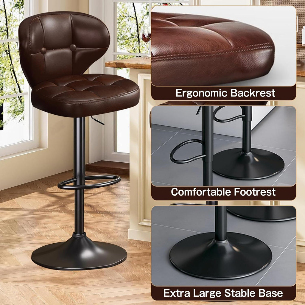 Bar Stools Set of 4, Adjustable Swivel Bar Chairs with 360° Rotation, Padded Counter Stools with Back and Footrest for Kitchen Island, Bistro, Cafe, and Home Use Brown-4PCS
