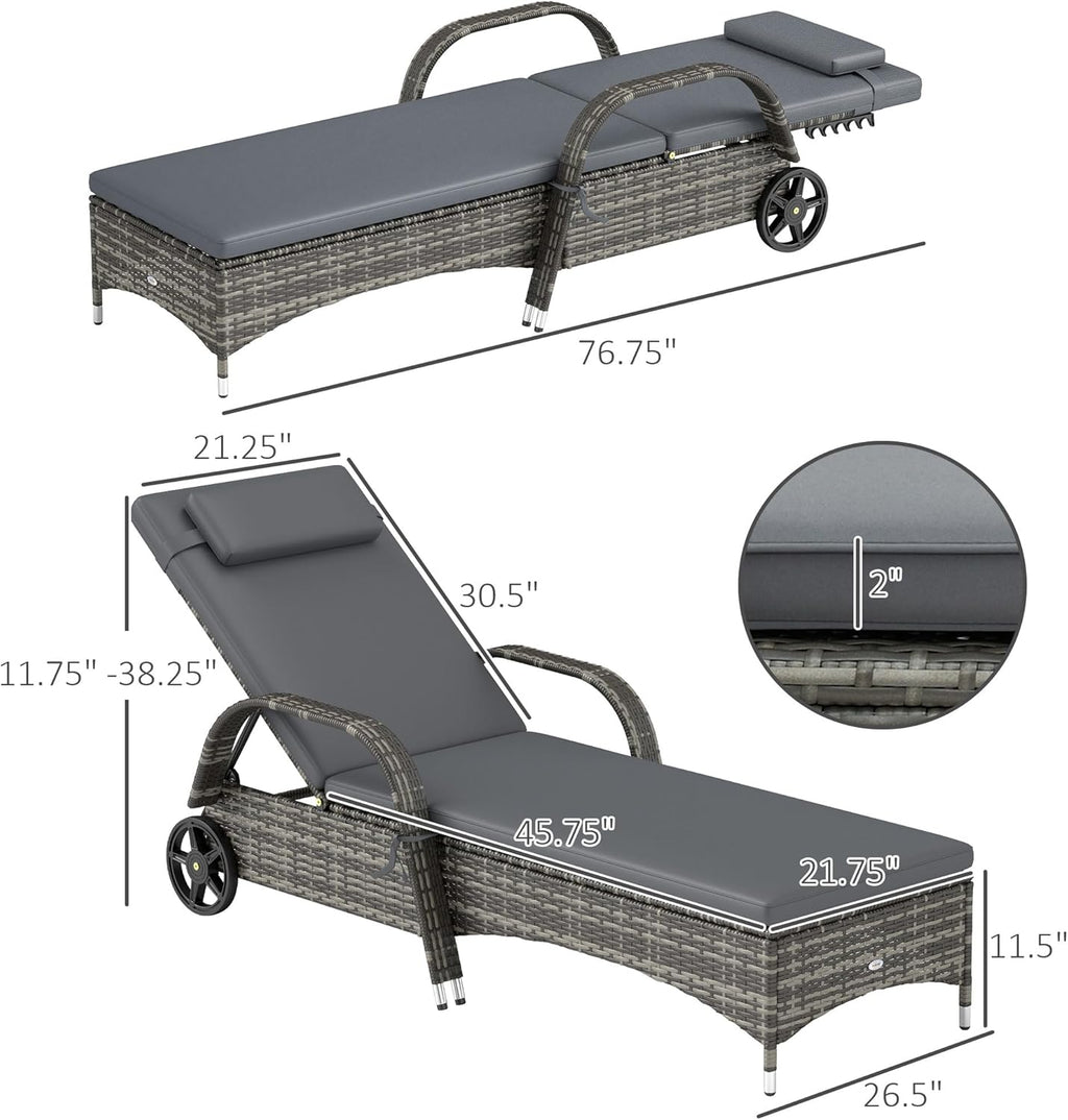 Outsunny Wicker Outdoor Chaise Lounge Set of 2, 5-Level Adjustable Backrest PE Rattan Pool Lounge Chair with Wheels, Cushion & Headrest, Mixed Gray and Gray