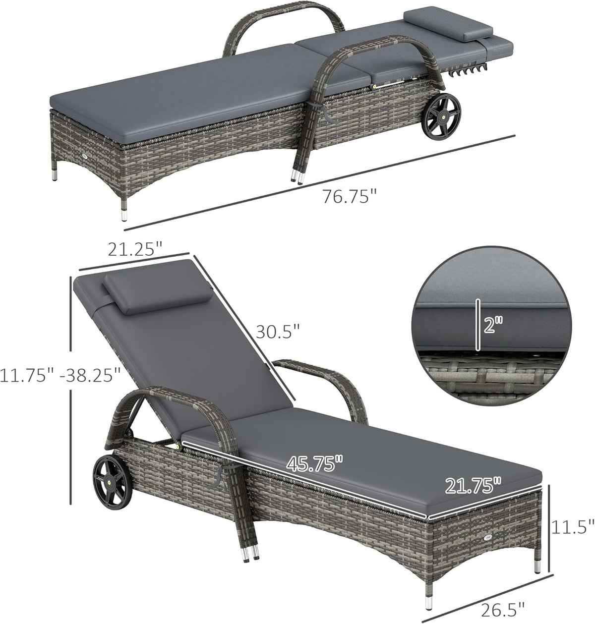 Outsunny Wicker Outdoor Chaise Lounge Set of 2, 5-Level Adjustable Backrest PE Rattan Pool Lounge Chair with Wheels, Cushion & Headrest, Mixed Gray and Gray