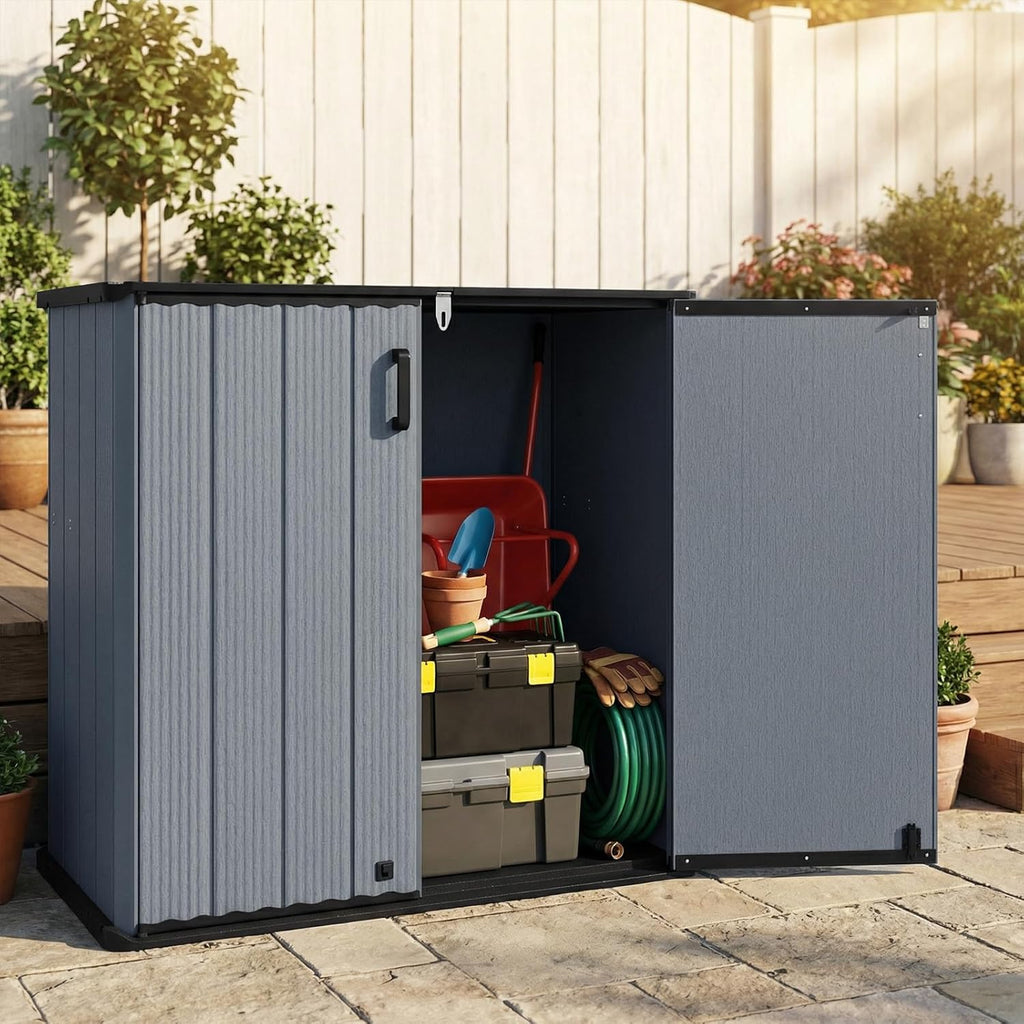 Tangkula 23.5 Cu.ft Outdoor Storage Shed, All-Weather Resin Patio Storage Box with Floor & Lockable Door, Waterproof Deck Box for Garden Tools, Pool Accessories