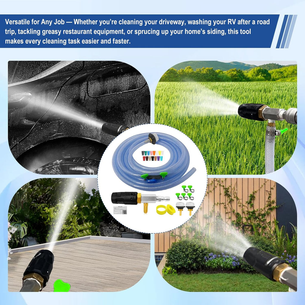 Adjustable Long Range Nozzle for Pressure Washer, Downstream Injection Spray Nozzle Kit 4–4.5 GPM, External Chemical Injector w/1/4" Quick Connect,15FT Hose,Shut-Off Valve & Filter,2500–4000 PSI.