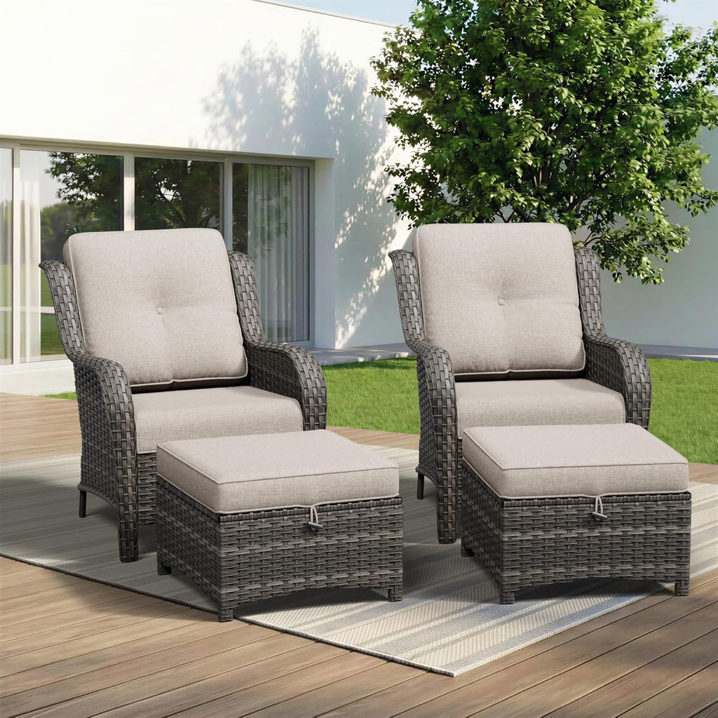 4 Piece Outdoor Wicker Patio Furniture Set, Patio Chairs Set with Thickened Olefin Cushions, High Back and Deep Seating, Hand-Woven PE Rattan, Ottoman for Porch, Deck, Beige