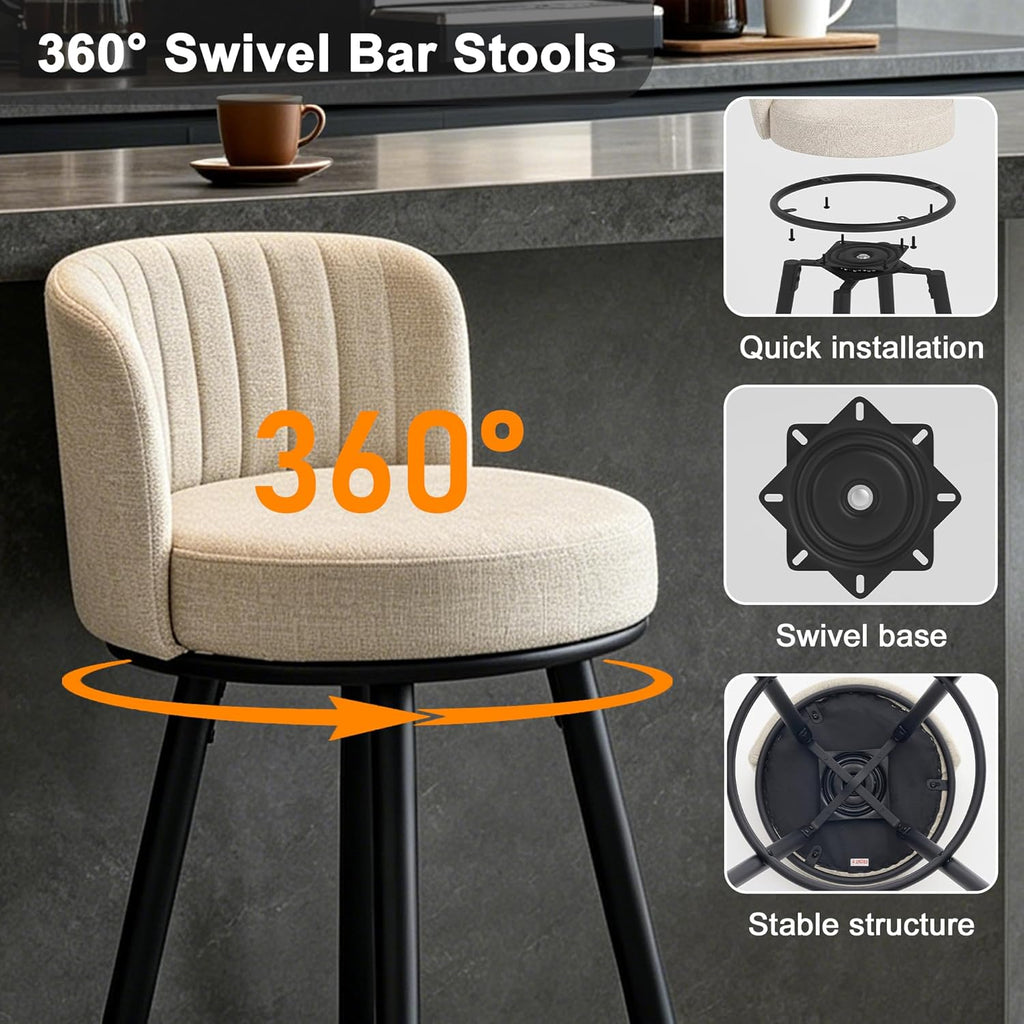 Swivel Bar Stools Set of 2, 28" Seat Height, Modern Design, Upholstered Barstools with Back and Footrest, Metal Legs, Suitable for Kitchen Island, Counter, Dining Room