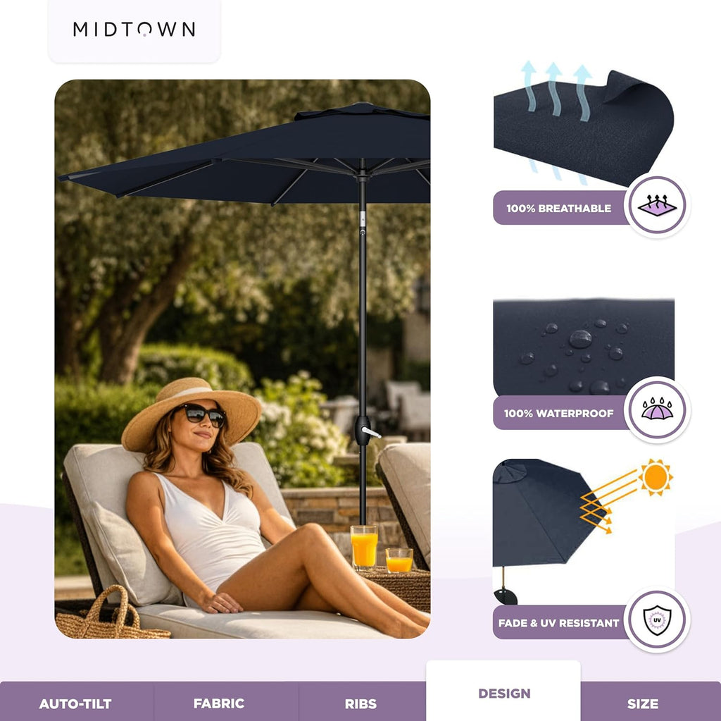 Midtown Umbrellas - The Lean 9 Ft Patio Umbrella with Fade-Resistant Sunbrella Fabric, Auto-Tilt Aluminum Frame and 8 Reinforced Ribs for Deck, Pool & Garden - Canvas Navy Canopy, Black Pole