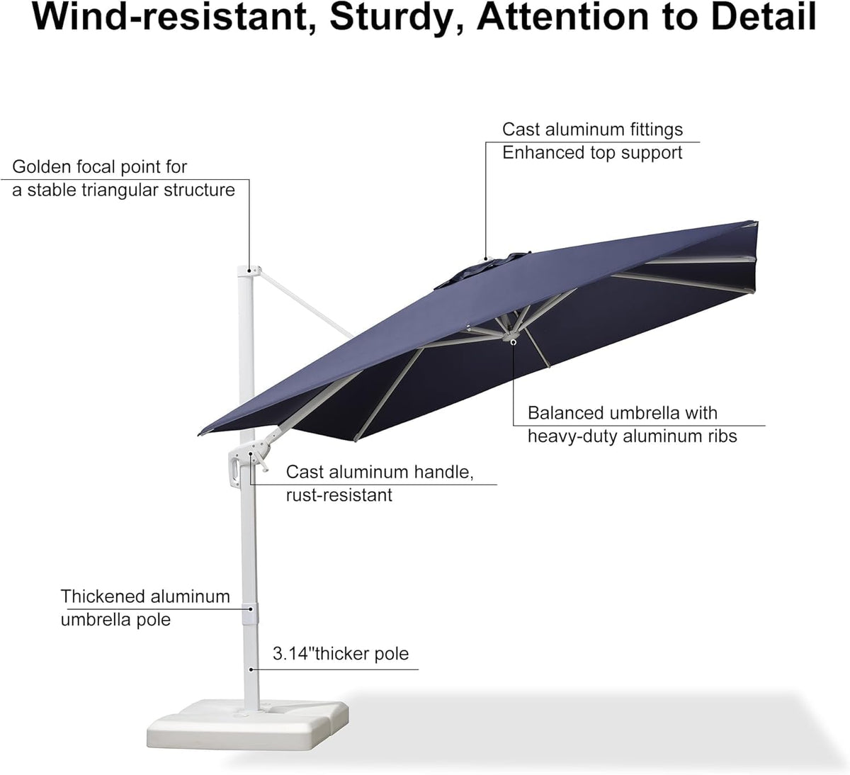 PURPLE LEAF 9 FT White Patio Umbrella With Base Outdoor Cantilever Umbrellas Square Offset Umbrella Windproof with 360° Rotation for Garden Deck Pool, Navy Blue