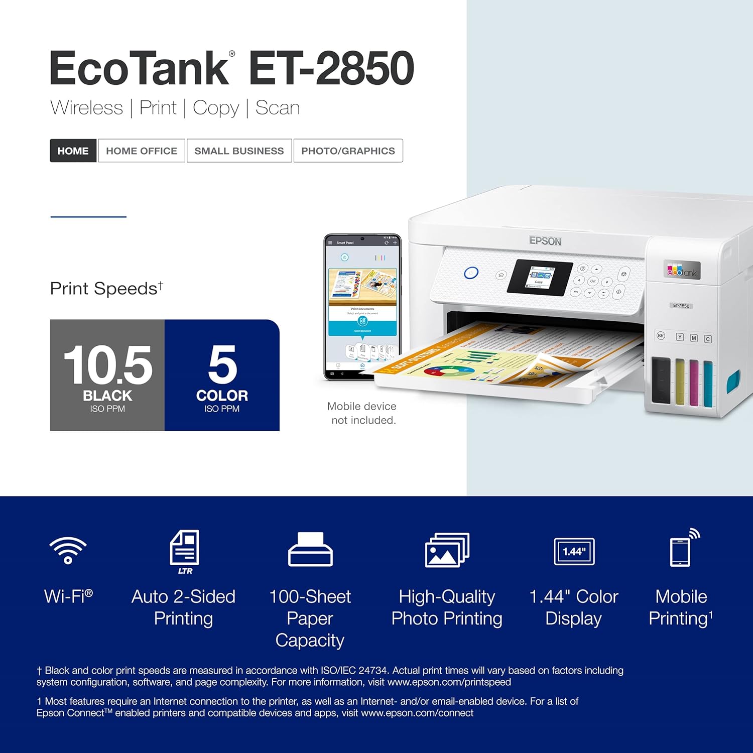 Epson EcoTank ET-2850 Wireless Color All-in-One Supertank Inkjet Printer, White - Print Scan Copy - 10 ppm, 4800 x 1200 dpi, Auto 2-Sided Printing, Voice-Activated