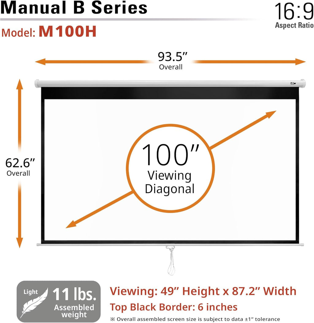Elite Screens Manual B, 100-INCH Manual Pull Down Projector Screen Diagonal 16:9 Diag 4K 8K 3D Ultra HDR HD Ready Home Theater Movie Office Presentation, M100H