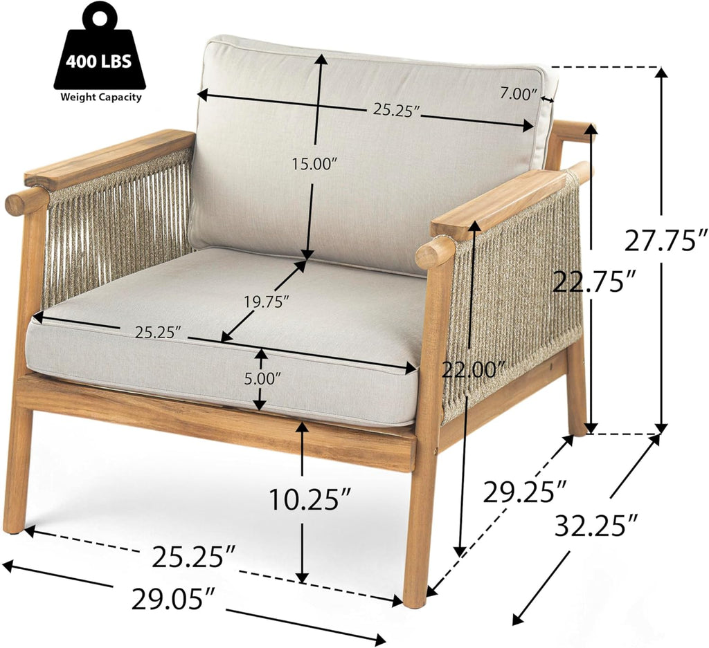 Merax Outdoor Acacia Wood Lounge Chair w/Coushions Set of 2, Patio Club Chair with Rope & Sturdy Wood Legs, All-Wearther Singe Sofa Chair for Porch, Lawn, Backyard, Balcony, Teak+ Beige