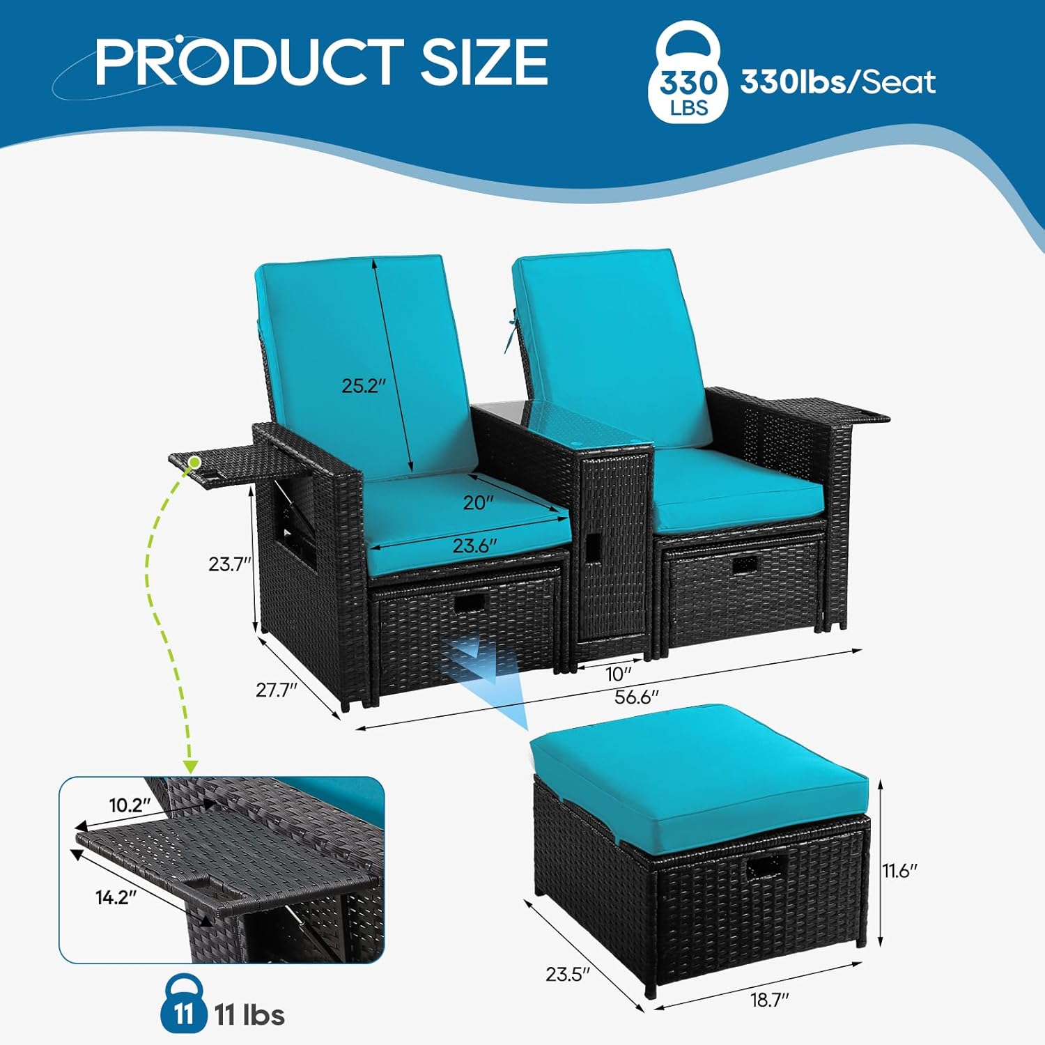 5PCS Outdoor Wicker Chaise Lounge Chair - Rattan Adjustable Reclining Patio Lounge Chair with Ottoman and Coffee Table, for Patio Beach Pool Backyard (Black Wicker Turquoise Cushion)