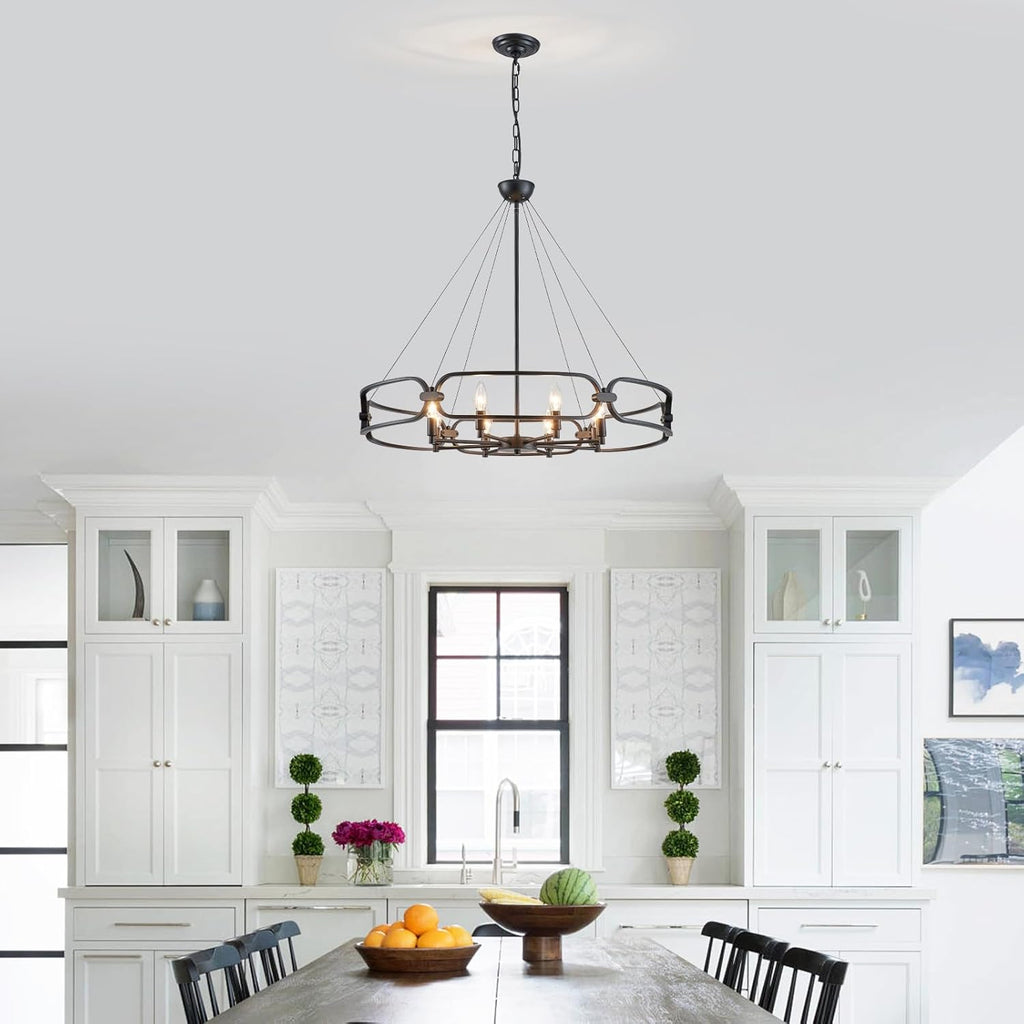 31" Industrial Chandeliers for Dining Room Large Black Chandelier 8-Light Round Farmhouse Kitchen Pendant Lighting Fixture for Entryway, Living Room, Bedroom, Foyer, Office