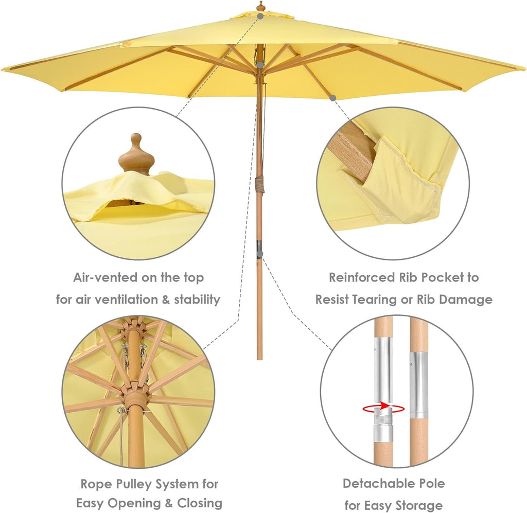 Yescom 13ft Coastal Solid Beech Wood Umbrella Pulley Lift Commercial Base with Wheel Included for Beach Club Seaside Restaurant Terrace Resort Poolside