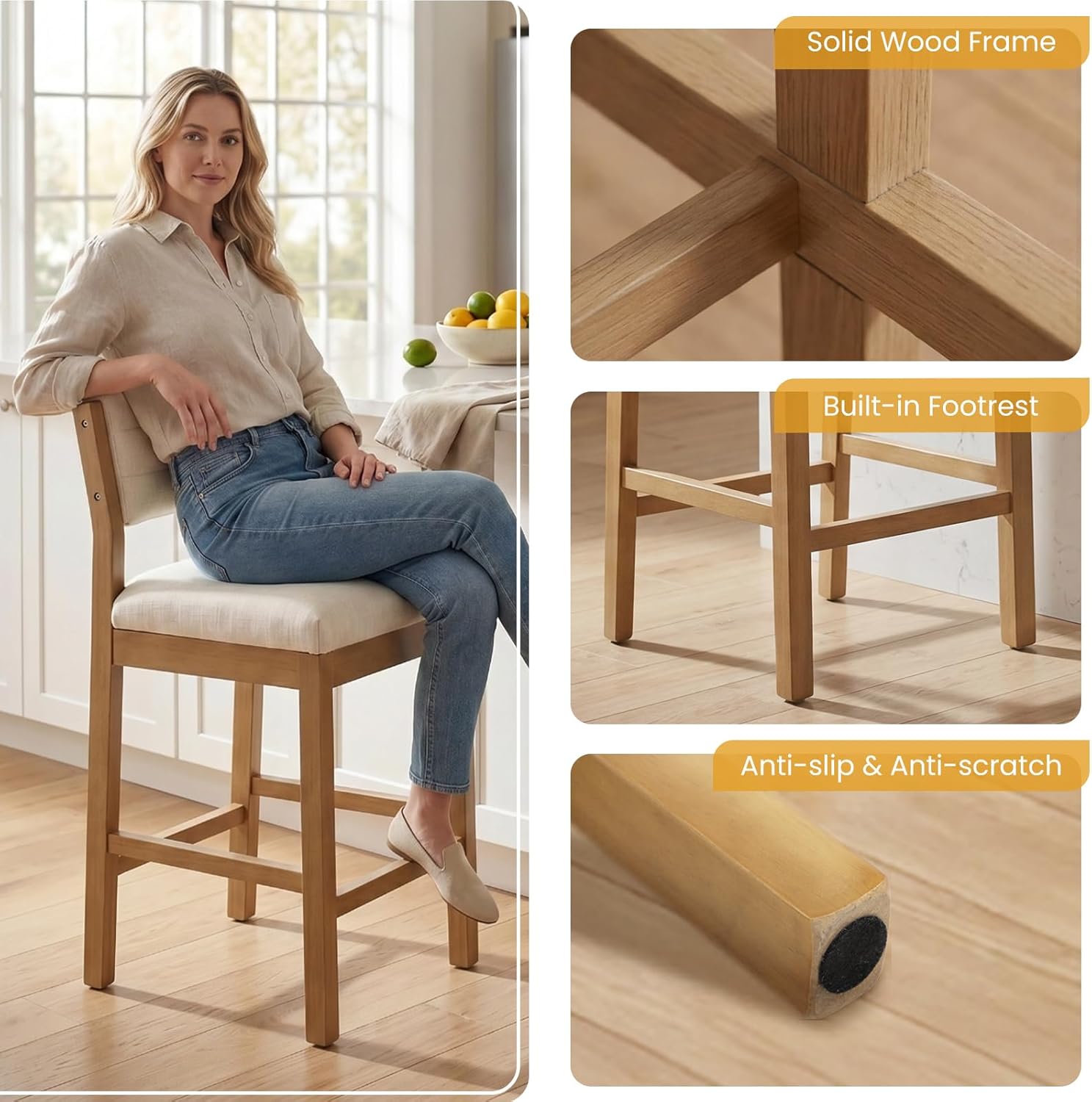 RIVOVA 26" Bar Stools Set of 3 Counter Height Bar Stools for Kitchen Counter, Modern Upholstered Barstools with Back and Wood Legs Linen Stools Farmhouse Island Chairs, Beige