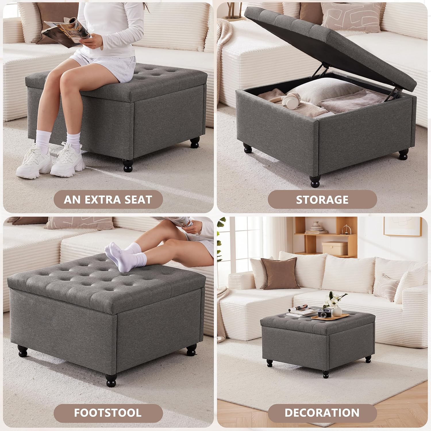 Weture 30 Inch Large Square Storage Ottoman Coffee Table, Oversized Square Ottoman with Storage, Tufted Upholstered Coffee Tables for Living Room (Fabric, Dark Grey)