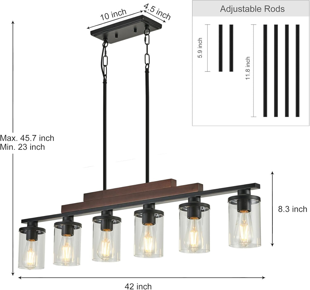 Farmhouse Chandelier 6-Light Dining Room Light Fixture Over Table Kitchen Island Lighting Rustic Chandeliers for Dining Light with Glass Shade Wood Pendant Lights Kitchen Island