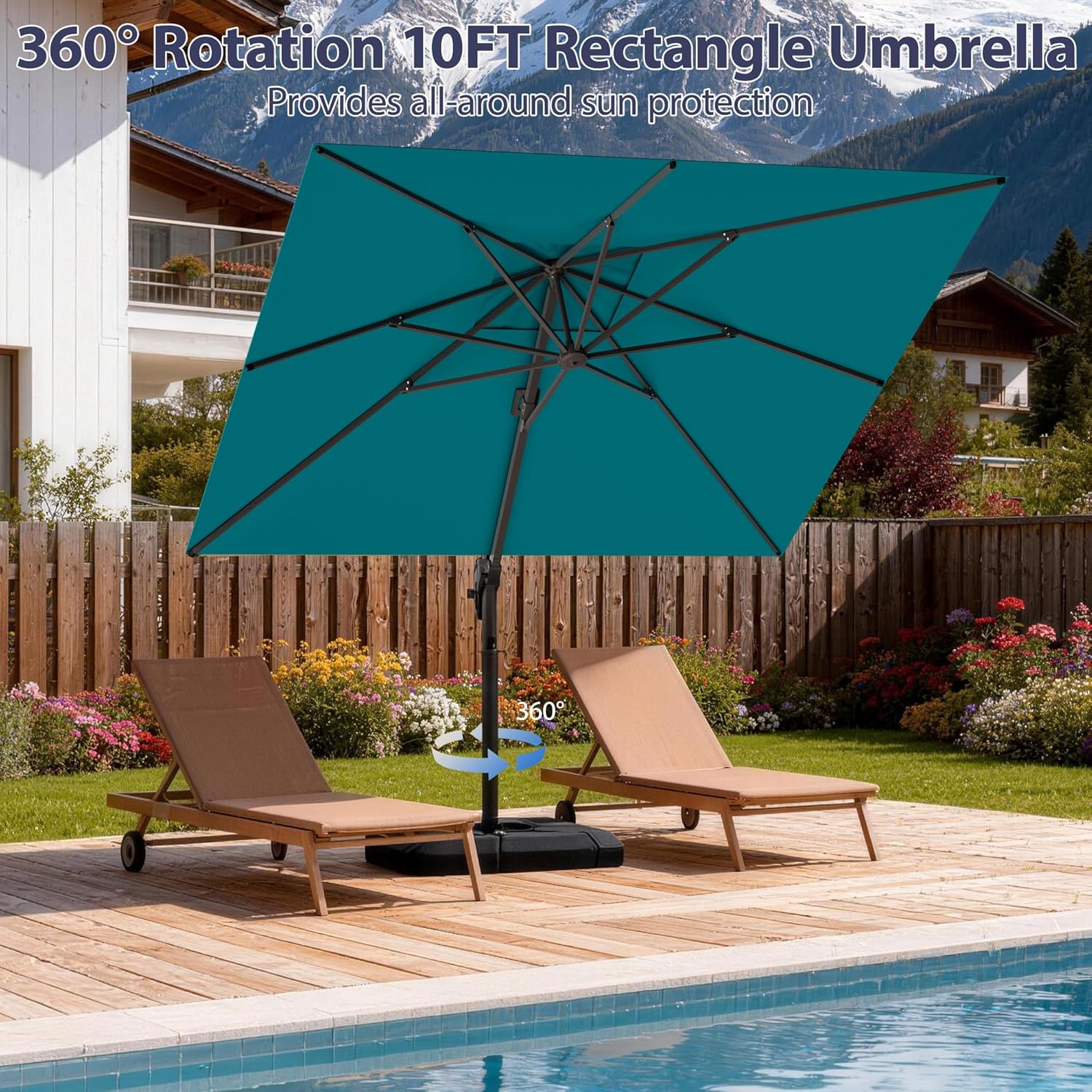 10' X 10' Patio Umbrella Cantilever Outdoor Rectangle Umbrella with Base Included, Heavy Duty 360°Rotation Offset Umbrella for Garden Deck Pool Patio, Turquoise