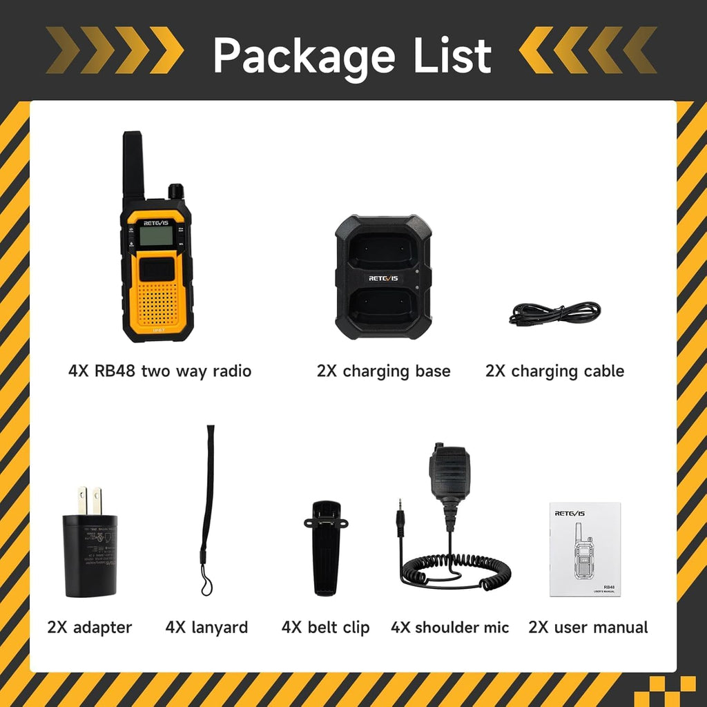 Retevis RB48 Walkie Talkies Long Range, 2 Way Radio with Shoulder Mic, IP67 Waterproof, 2000mAh, Vibration Reminder, Emergency, NOAA, Heavy Duty Two Way Radios(4 Pack)