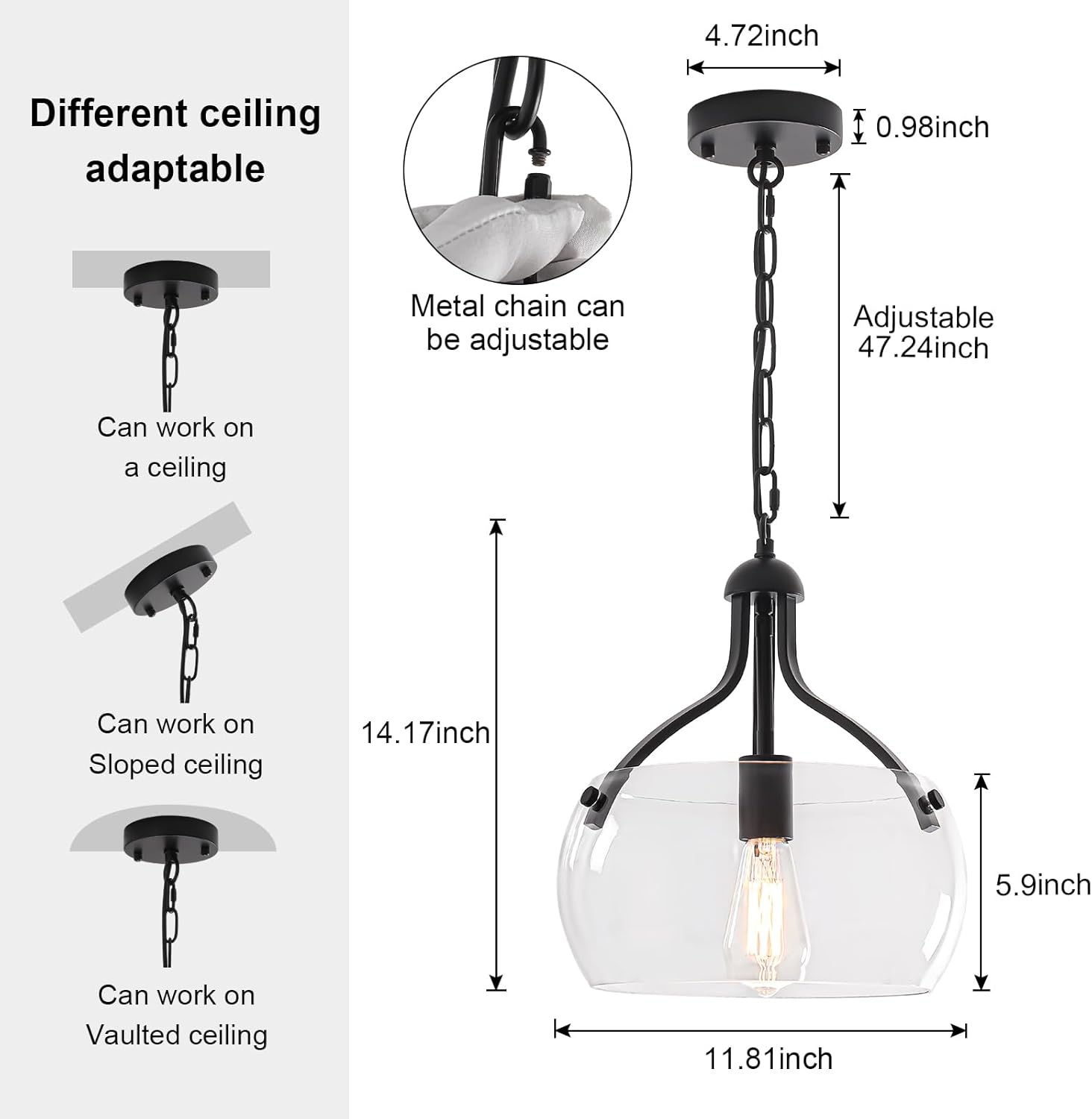 1-Lights Modern Pendant Lights Kitchen Island, Matte Black Pendant Light Fixtures with 11.8" Clear Glass Shade, Industrial Hanging Chandelier for Kitchen Entryway Bedroom Foyer