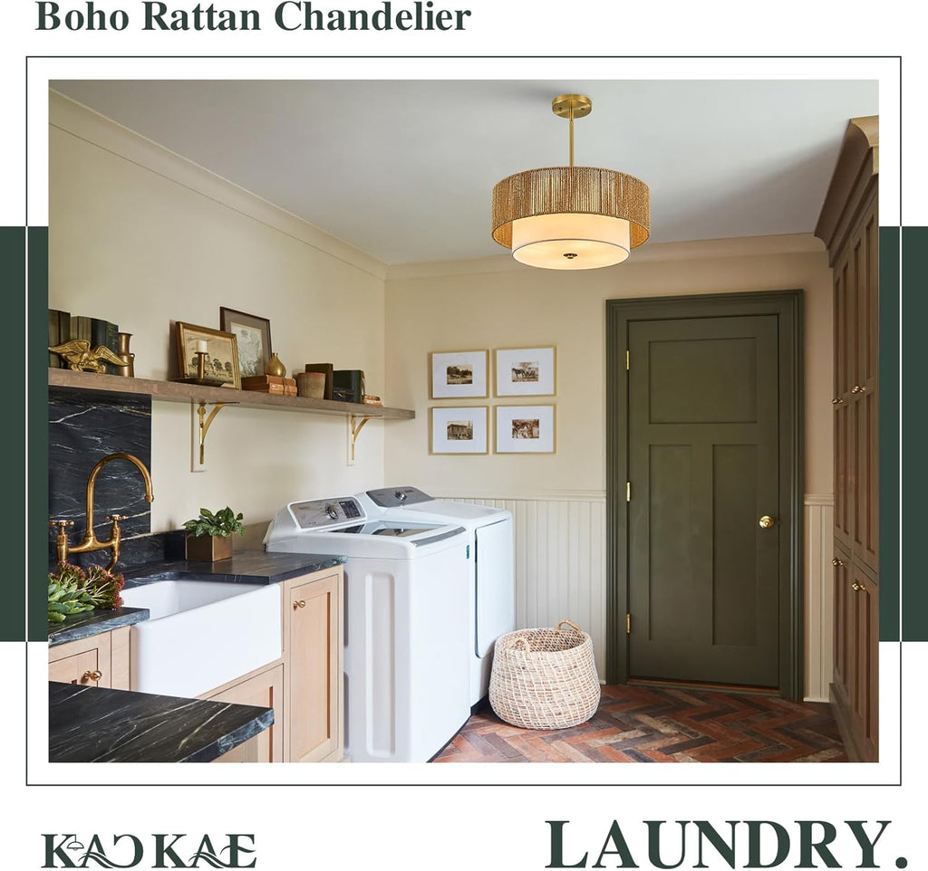 Boho Rattan Chandelier 18'' Gold Hand Woven Chandeliers with Fabric Shade 4-Light Drum Pendant Light Fixture for Dining Room Bedroom Kitchen Hallway Foyer