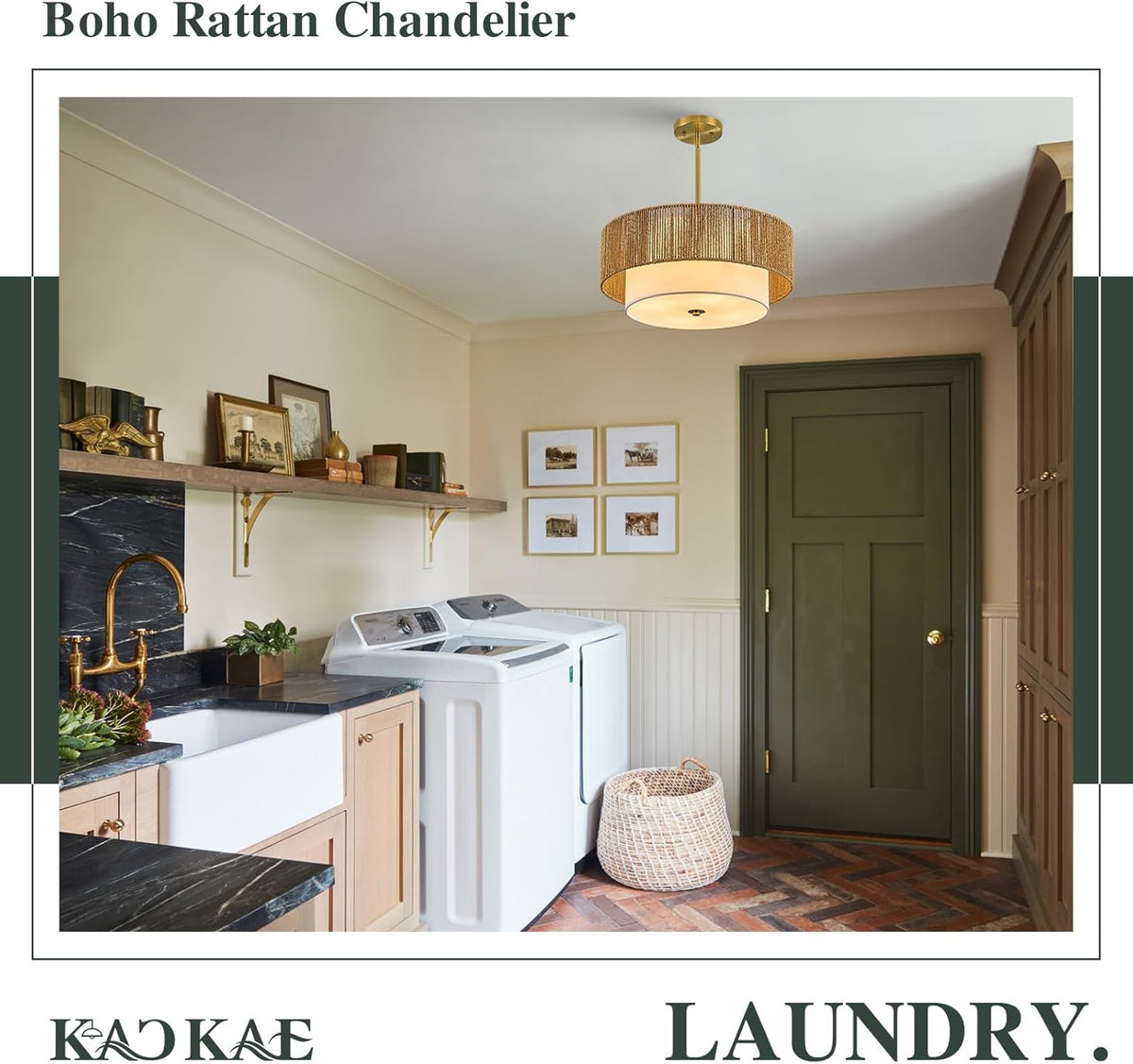 Boho Rattan Chandelier 18'' Gold Hand Woven Chandeliers with Fabric Shade 4-Light Drum Pendant Light Fixture for Dining Room Bedroom Kitchen Hallway Foyer