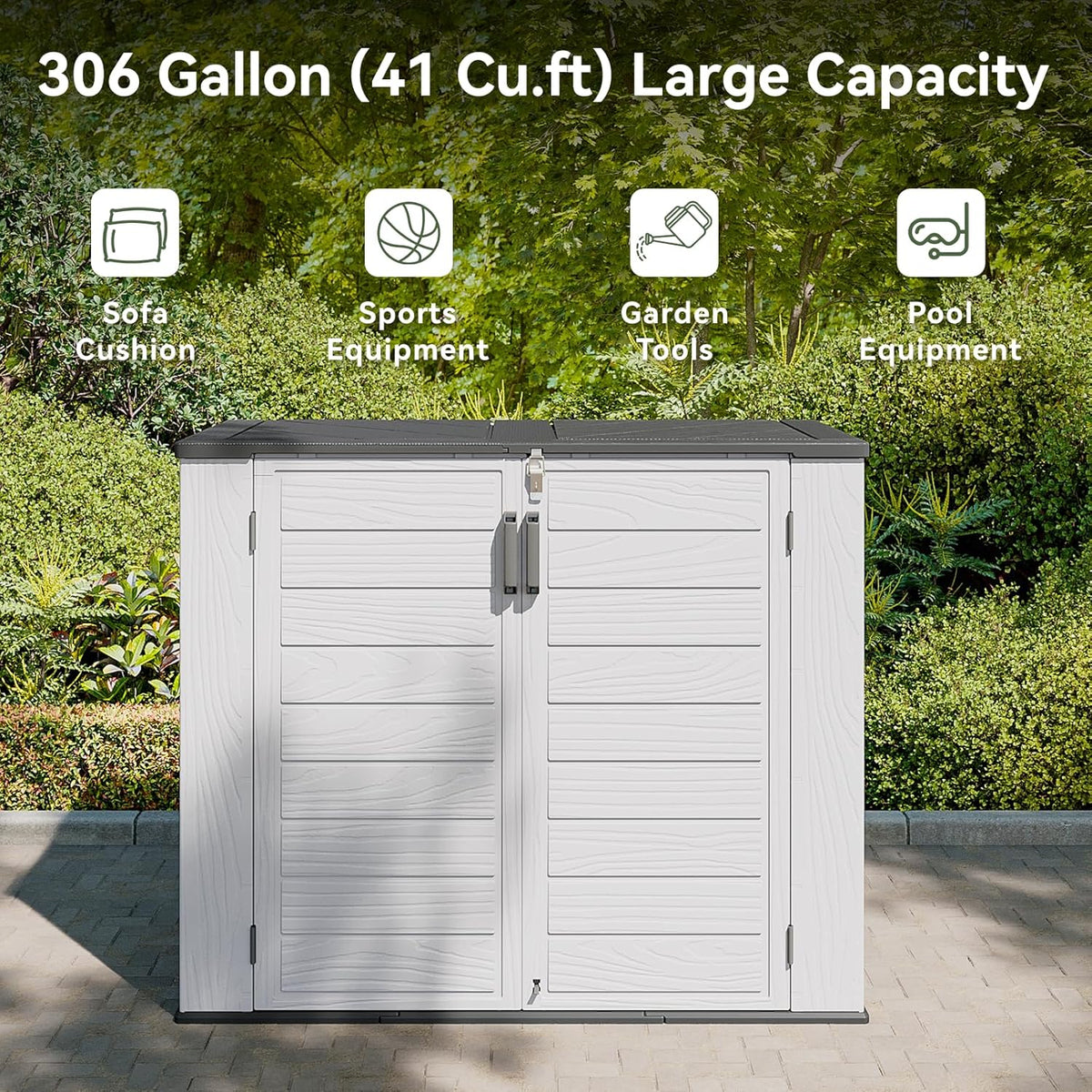 AOXUN Horizontal Storage Sheds 41 Cu.ft, HDPE Outdoor Storage Box 160 Gallon, Waterproof Lockable Resin Deck Box with Spring-Assisted Lid, Patio Storage for Garden, Pool, Cushions, Tools, White