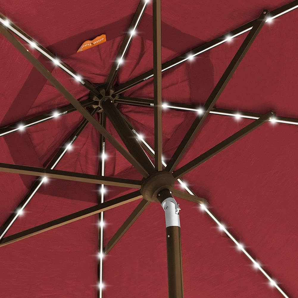 EliteShade USA 10-Year-Non-Fading 9ft Market Patio Umbrella, Commercial Grade Table Sun Umbrella with 80 Solar LED Lights, Crank Open, Windproof & UPF 50+ UV Protection for Garden, Deck, Pool, Backyard, Burgundy