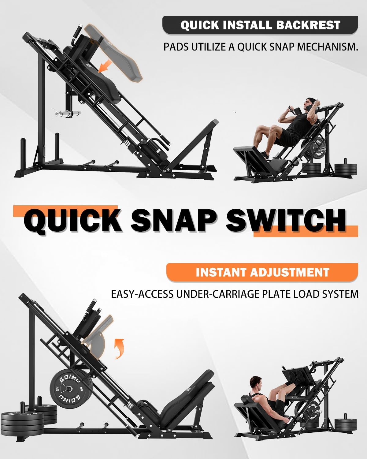 Leg Press Hack Squat Machine with Back Support Cushion, 3 in 1 Adjustable Leg Press Machine with Quad Track Roller System, Hack Squat Machine
