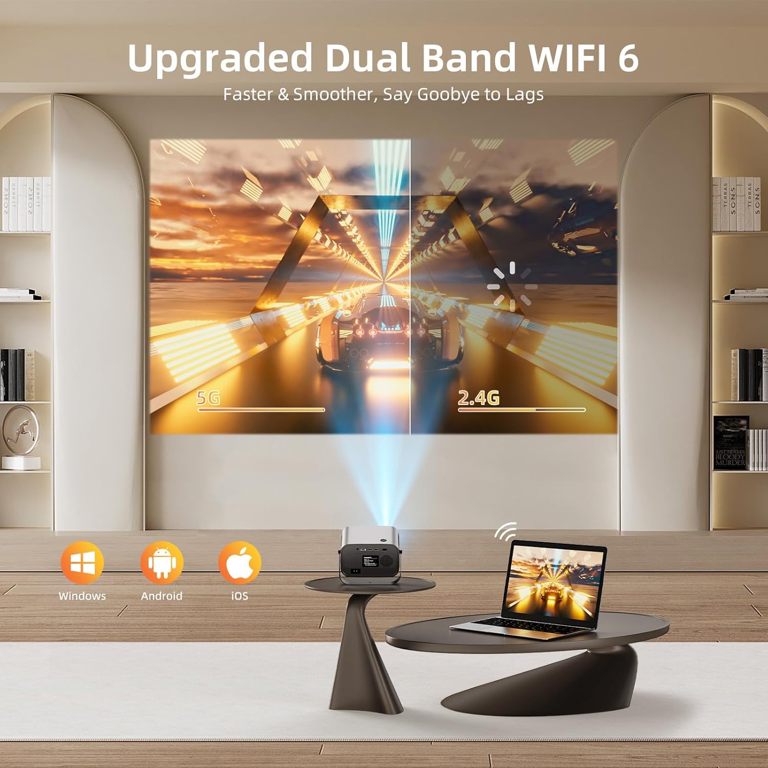 Smart Projector with WIFI and Bluetooth, 800ANSI Native 1080P Portable Projector Built-in Apps, Auto Keystone & Electric Focus Movie Projector for Home Theater Compatible with IOS/Android/HD(Gray)