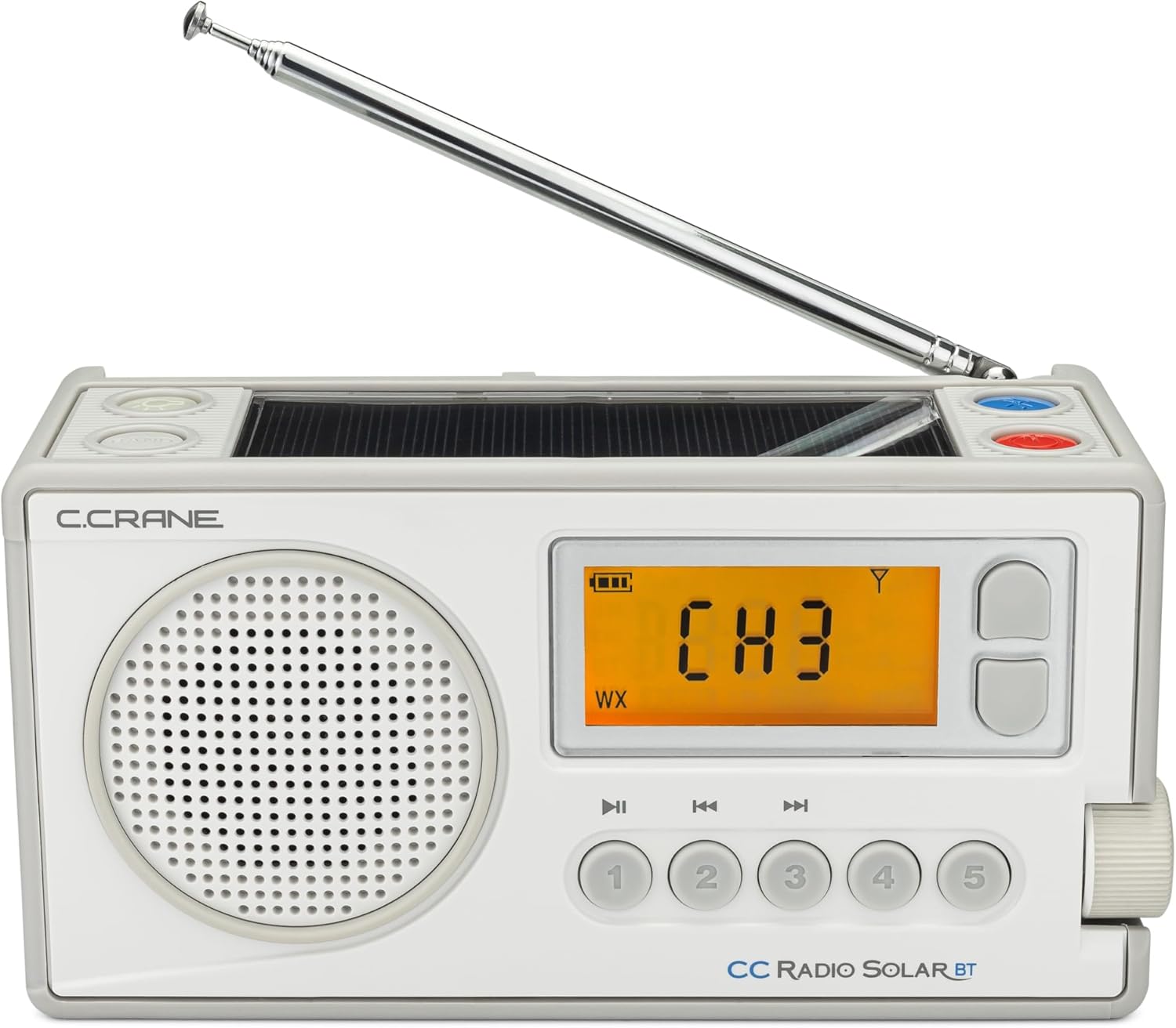 C. Crane CCRadio Solar with Bluetooth Receiving, Emergency Crank NOAA Weather AM/FM– Multi Powered Radio - Built in LED Flashlight and Cellphone Charger