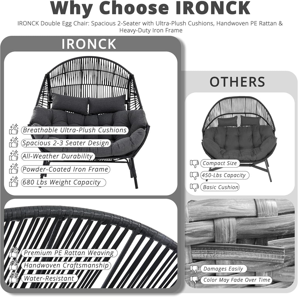 IRONCK Double Egg Chair Outdoor, 2 Person Wicker Lounge Chair, Oversized Thickened Padded Cushions and Headrests, 680 Lbs Egg Loveseat for Indoor, Patio, Living Room, Porch, Balcony, Dark Grey