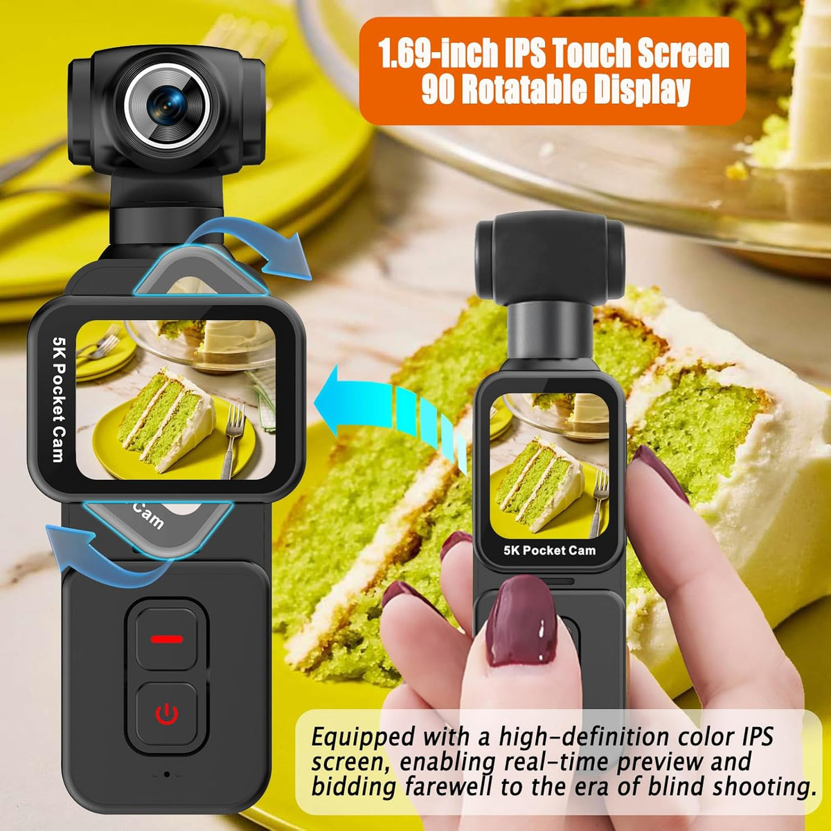 Pocket Camera 5K with Face Detection Automatic Rotating Lens, Vlogging Camera Body Cam with Rotatable Touch Screen, External Mic, Remote Control, 64GB Card