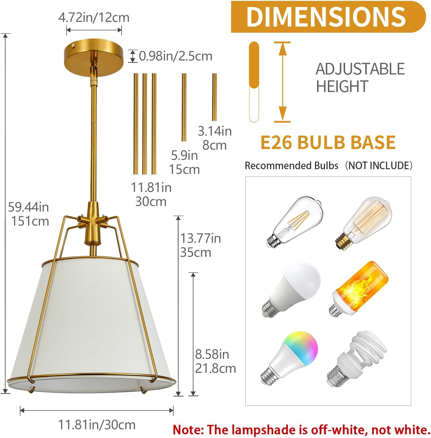 Modern Pendant Light Fixtures with 13" Off-White Linen Fabric Shade, Adjustable Hanging Light Fixture,Drum Gold Vintage Chandelier for Kitchen Island Bedroom Dining Room Foyer Entryway