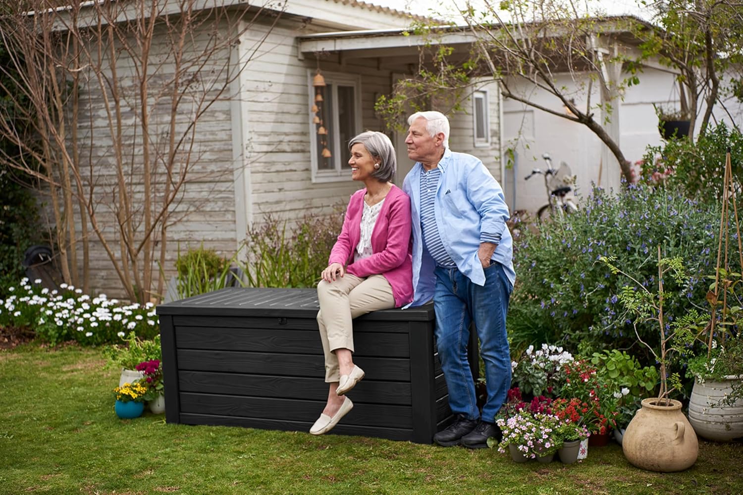 Keter Westwood 150 Gallon Resin Large Outdoor Storage Box for Patio Furniture, Outdoor Cushions, Garden Tools and Pool Floats, Dark Grey