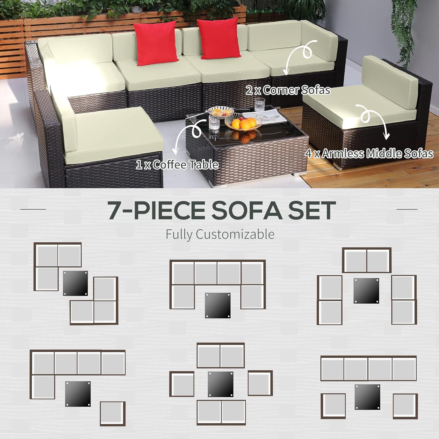 Outsunny 7 Piece Patio Furniture Set, Wicker Outdoor Sectional Sofa Set, All Weather PE Rattan Outdoor Furniture Conversation Sets with Cushions, Glass Top Coffee Table, Pillows, Cream White