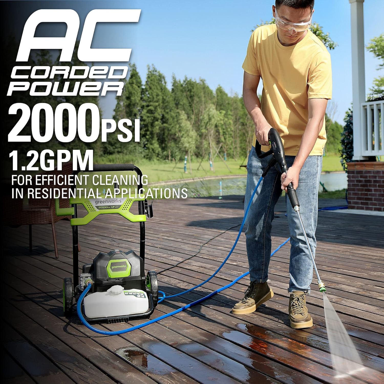 Greenworks 2000 PSI (1.2 GPM) Electric Pressure Washer, Steel Wand, On-Board Soap Tank (25°, 40°, Soap, and Turbo Nozzle)