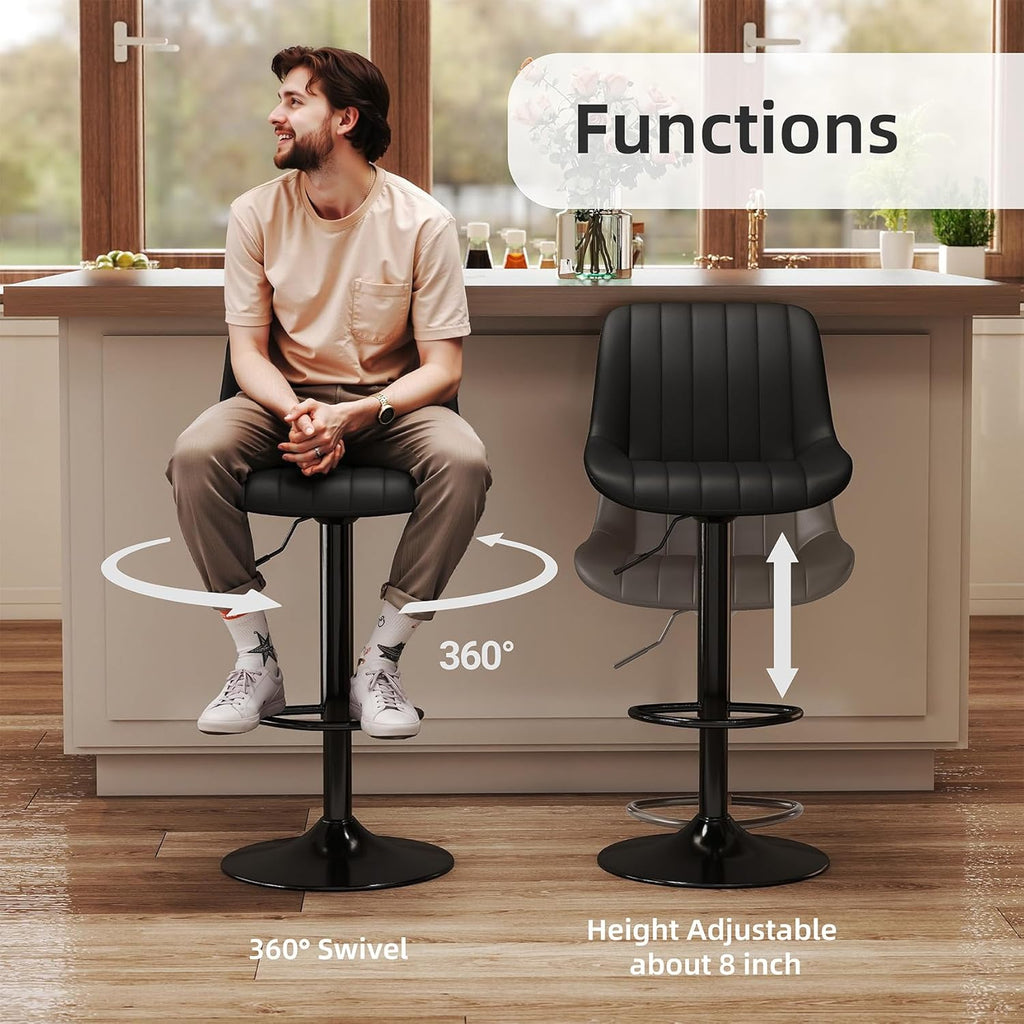 Youhauchair Bar Stools Set of 3, Swivel Counter Height Barstools with Back, Adjustable PU Leather Bar Chairs, Modern Armless Kitchen Island Stool, Black