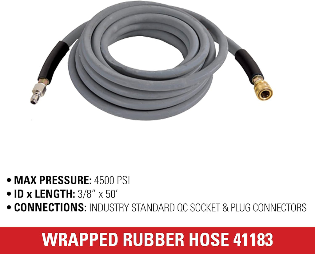 Simpson Cleaning 41183 Wrapped Rubber 4500 PSI Pressure Washer Hose, Hot and Cold-Water Use, Industrial Strength, 3/8 Inch Inner Diameter, 50 Feet, Gray