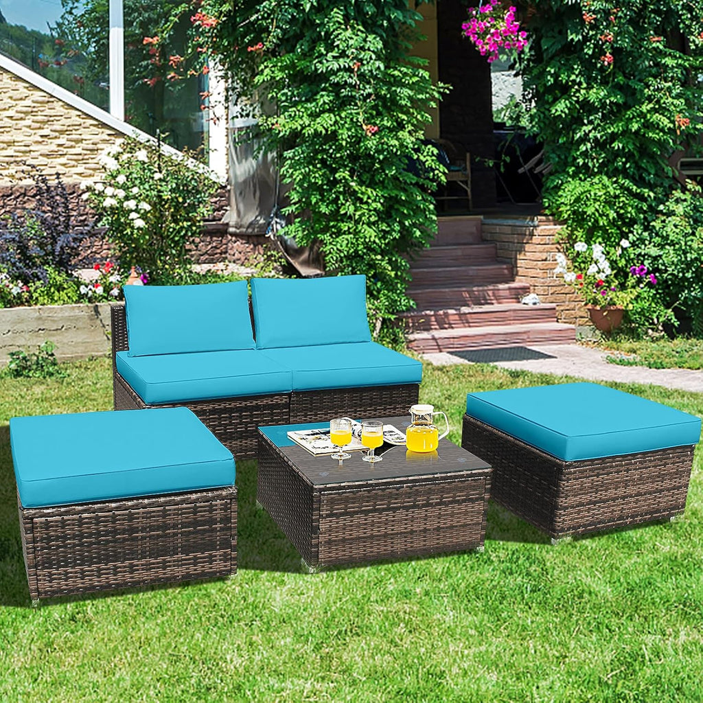 Tangkula 5 Piece Wicker Lounge Chair Set, with Tempered Glass Coffee Table, Outdoor Conversation Sets w/Washable Zippered Cushions, Includes 2 Armless Sofas, 2 Ottomans and 1 Side Table (Turquoise)
