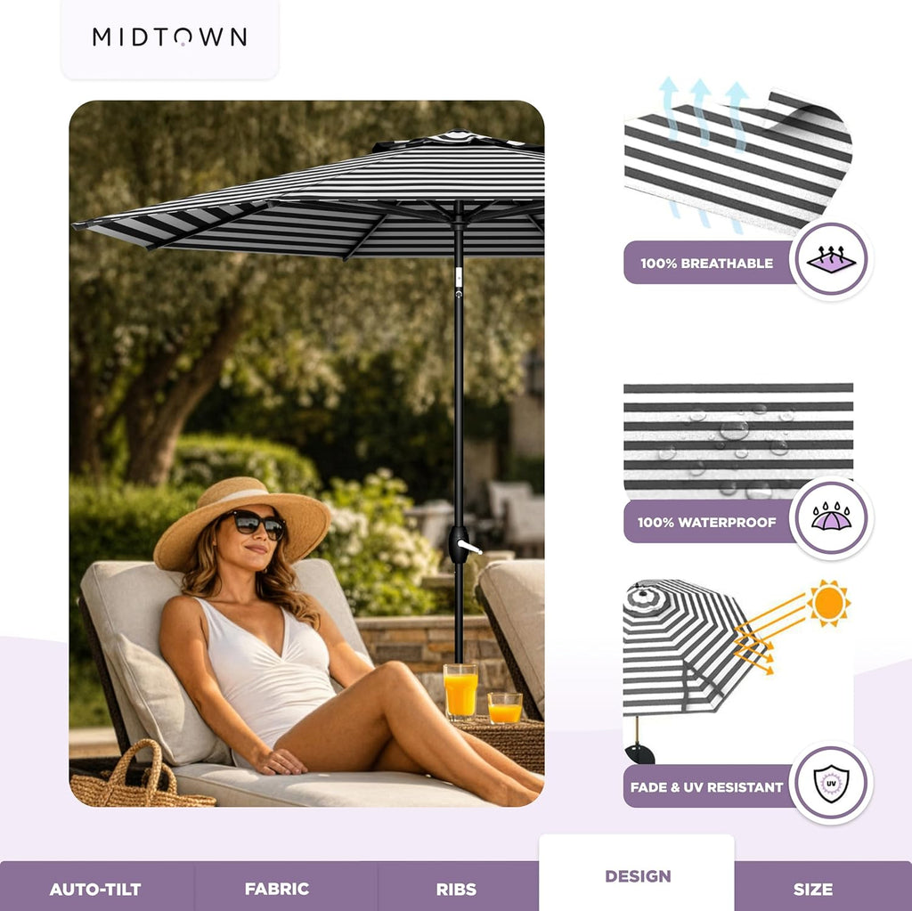 Midtown Umbrellas - The Lean 9 Ft Patio Umbrella with Fade-Resistant Sunbrella Fabric, Auto-Tilt Aluminum Frame and 8 Reinforced Ribs for Deck, Pool & Garden - Black & White Canopy, Black Pole