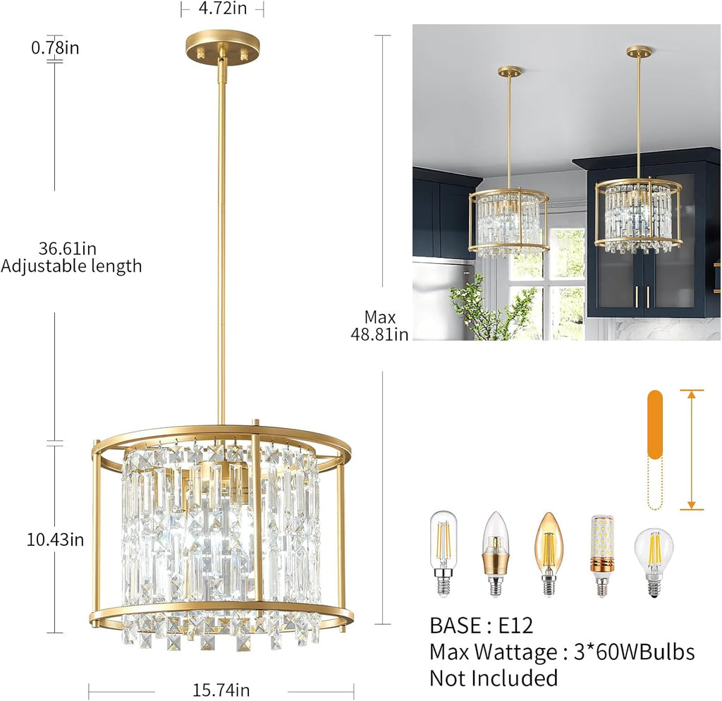 LMQNINE Modern Foyer Chandelier, Gold Crystal Chandelier Entryway Pendant Light Fixture, Round Adjustable Height Chandeliers for Kitchen Island, L15.74'' x H10.43''